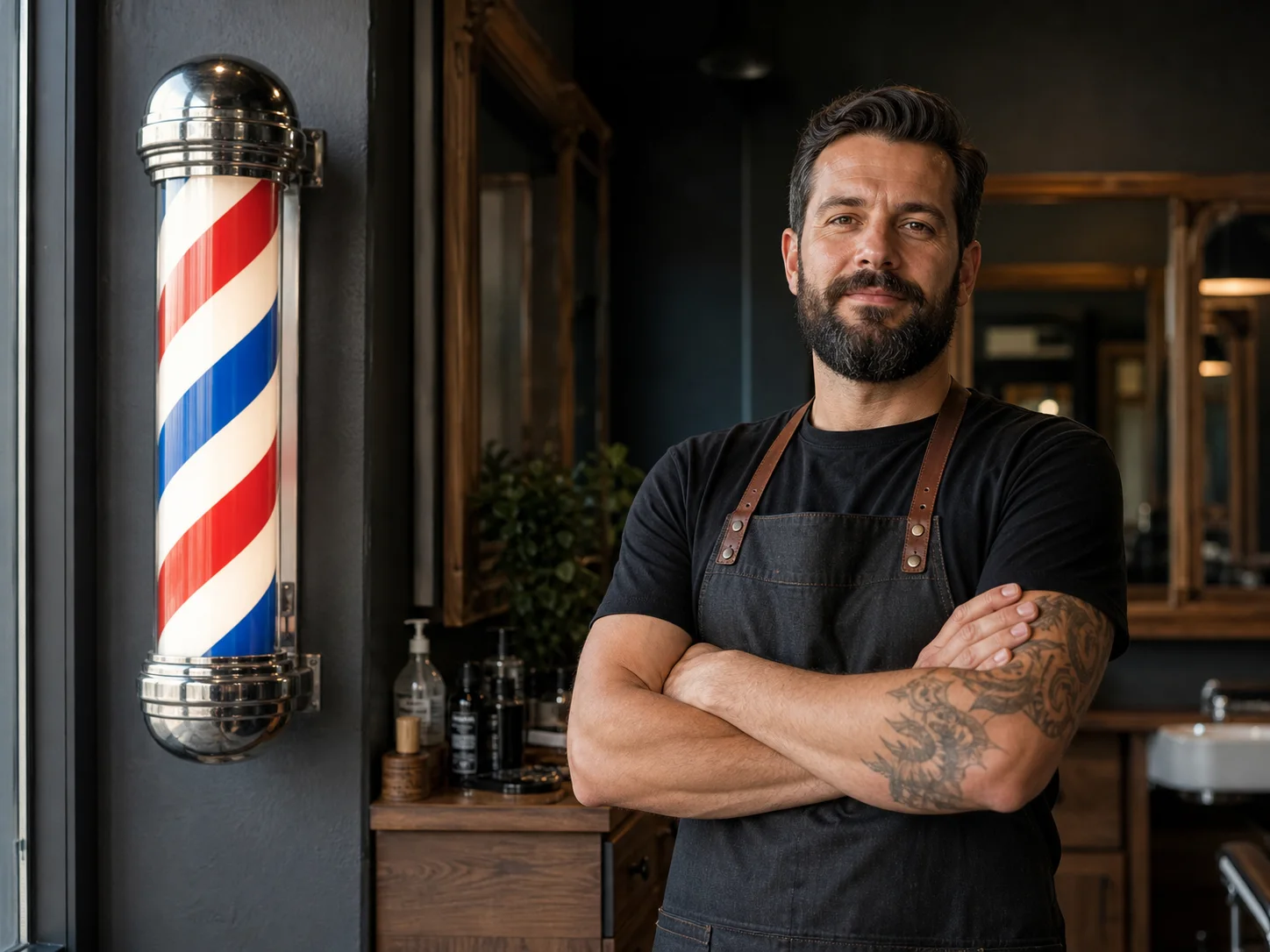 Барбер в современном барбершопе рядом с классическим barber pole